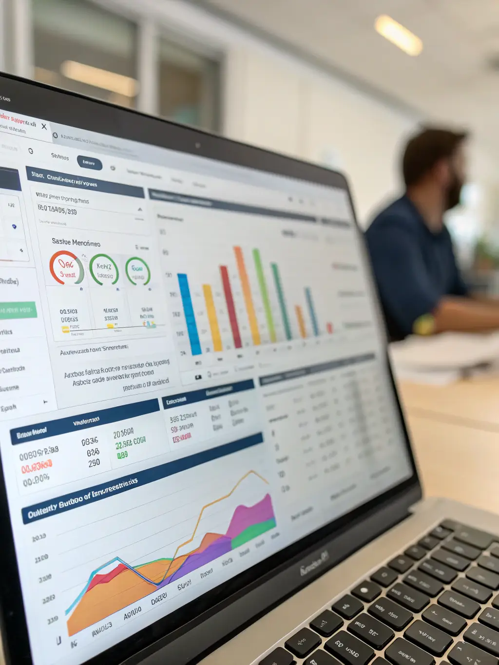 A clean, modern interface showing real-time stock levels with color-coded indicators for low stock, optimal stock, and overstock situations. The dashboard also displays recent sales data and pending orders.