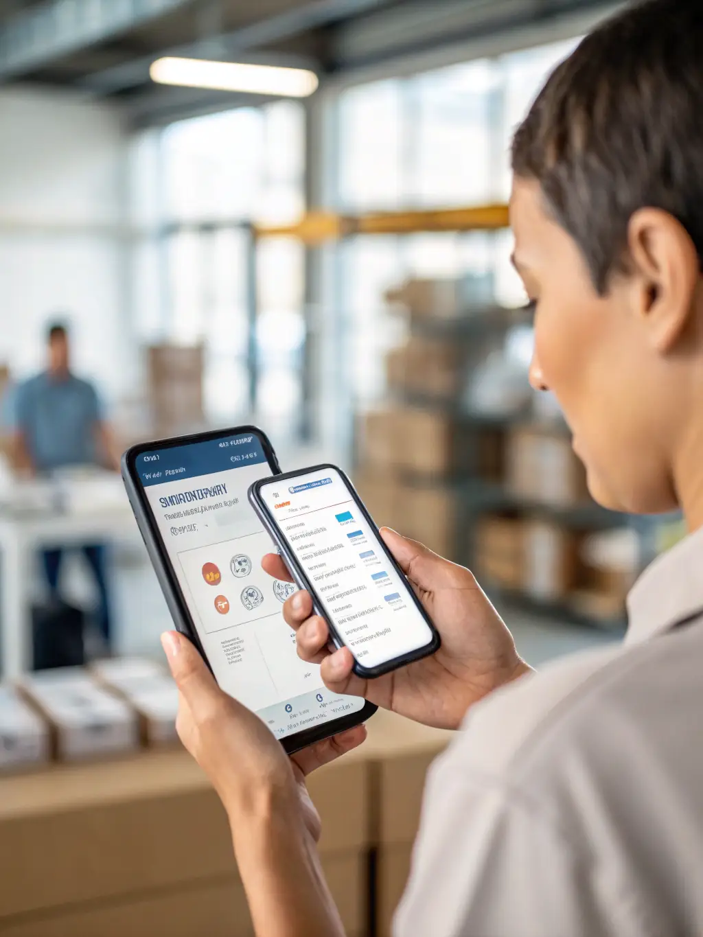 A mobile device displaying the inventory management software's dashboard, accessible from anywhere with an internet connection. The background shows a warehouse setting.