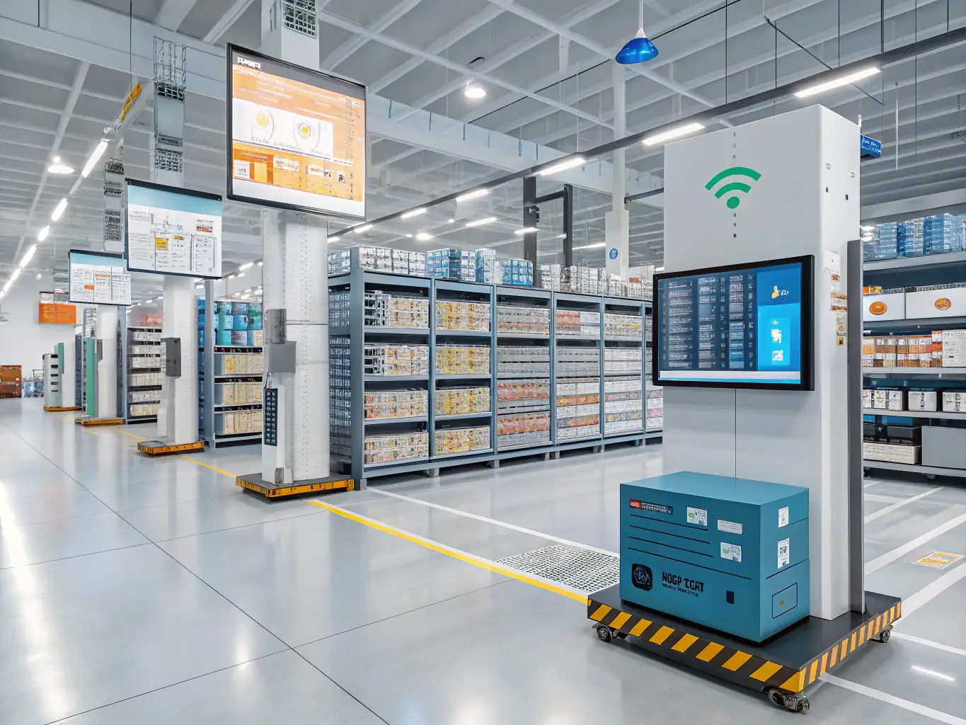 A digital illustration depicting a warehouse with organized shelves and a tablet displaying real-time inventory data, symbolizing efficient stock management.