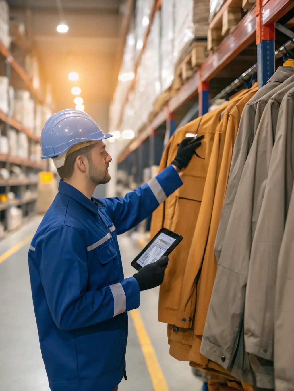 A brightly lit warehouse with neatly organized shelves and a worker scanning inventory with a handheld device, representing efficient inventory management.