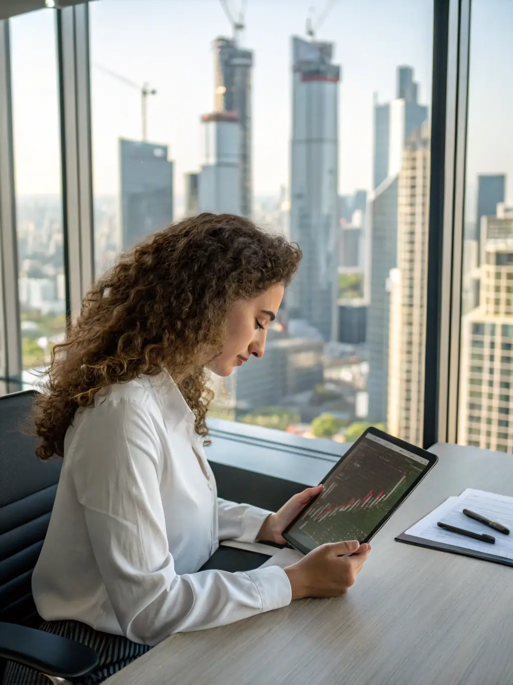 A manager reviewing real-time inventory data on a tablet, with a focused and confident expression, symbolizing informed decision-making.
