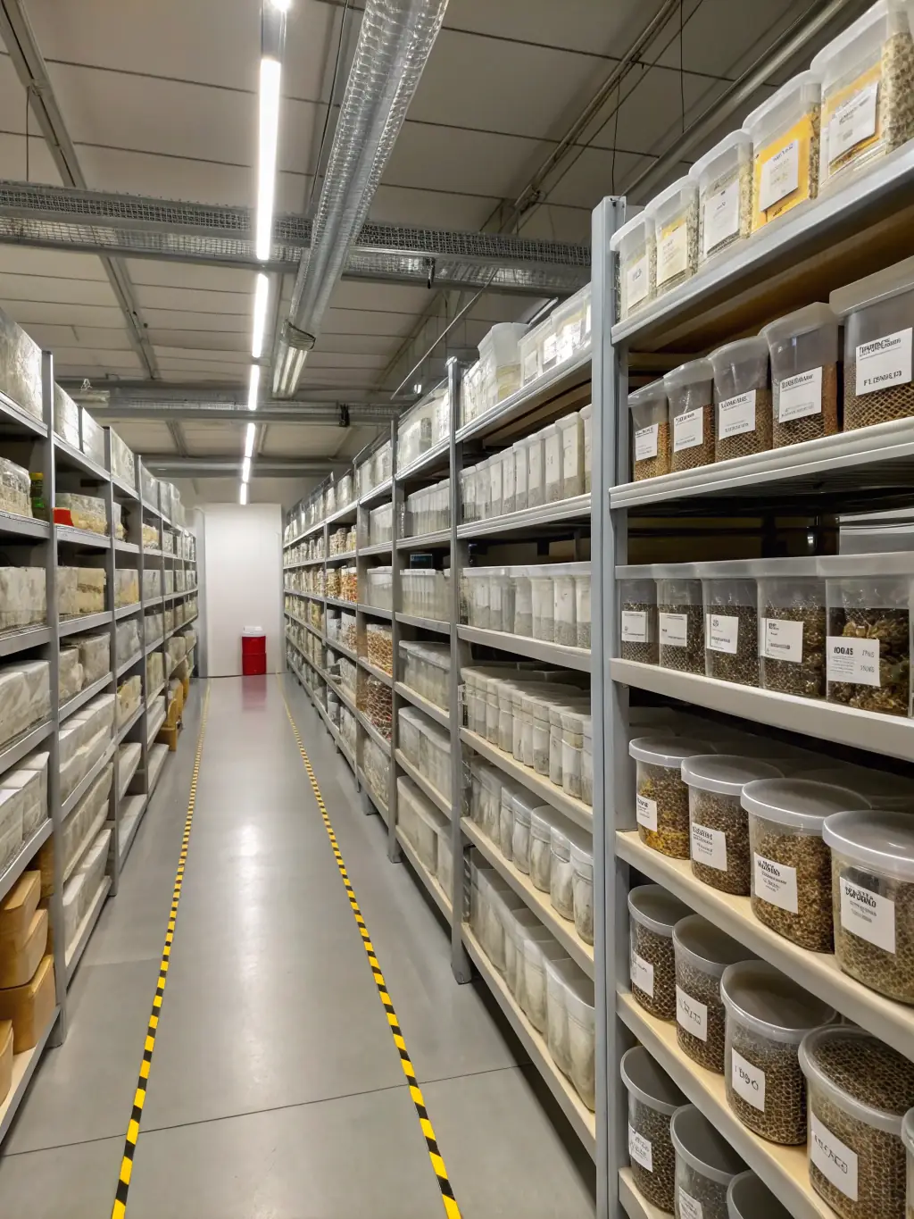 A neatly organized warehouse shelf with various products, showcasing efficient inventory management.