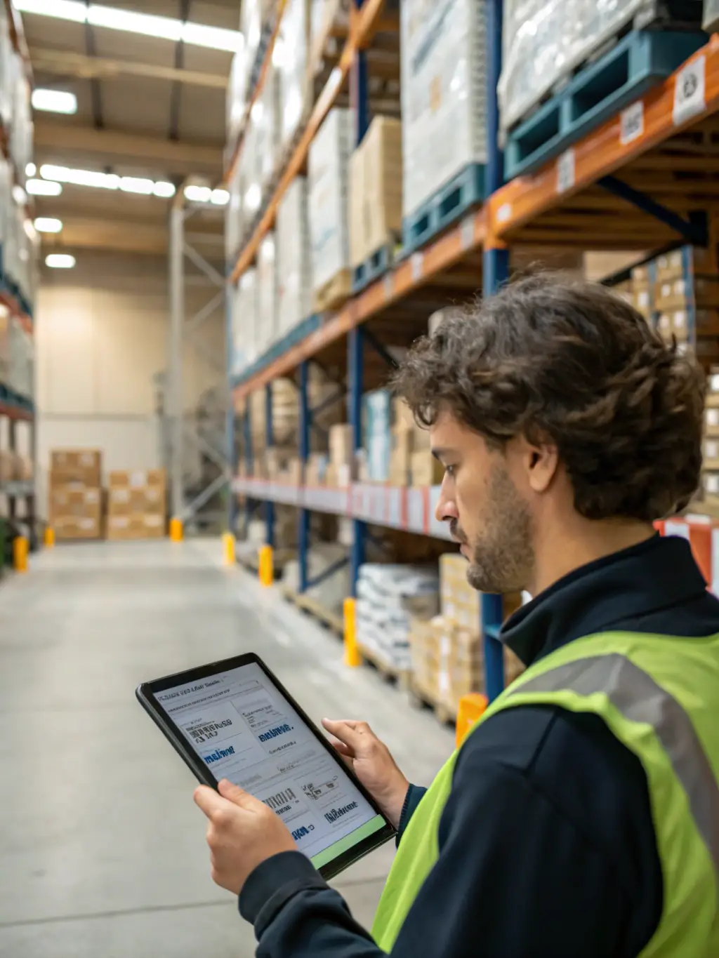 A person using inventory management software on a tablet in a warehouse setting, emphasizing ease of use and accessibility.